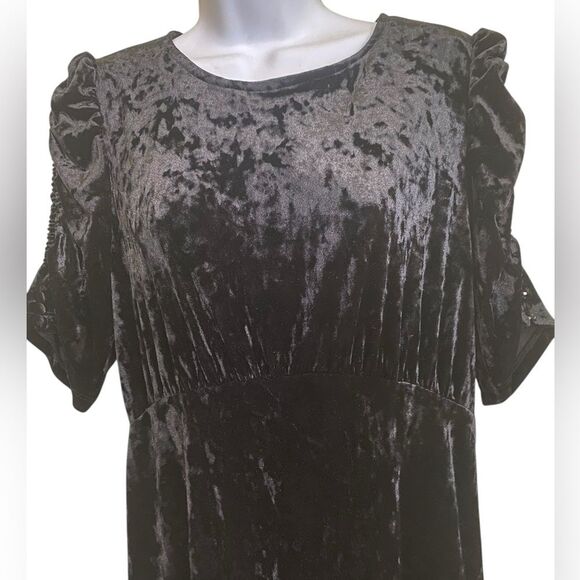 Black Crushed Velvet Modest Empire Waist Dress Tiered Full Midi Maxi Holiday - Picture 6 of 11